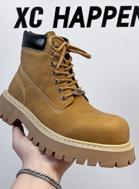 2024新款马丁靴男款厚底英伦风冬季加绒机车靴大黄靴66621-a