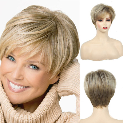 跨境欧美女士时尚混金色斜刘海短直发化纤玫瑰网头套short wigs