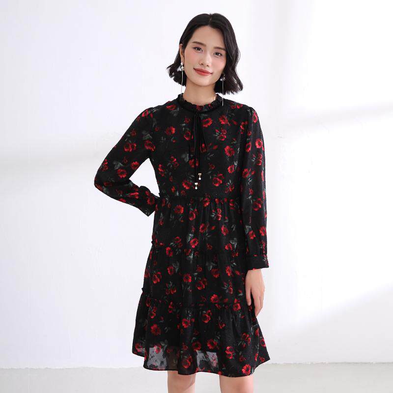 花色印花连衣裙秋冬新品时尚减龄中长裙盈达品牌女装 4DB5I8615