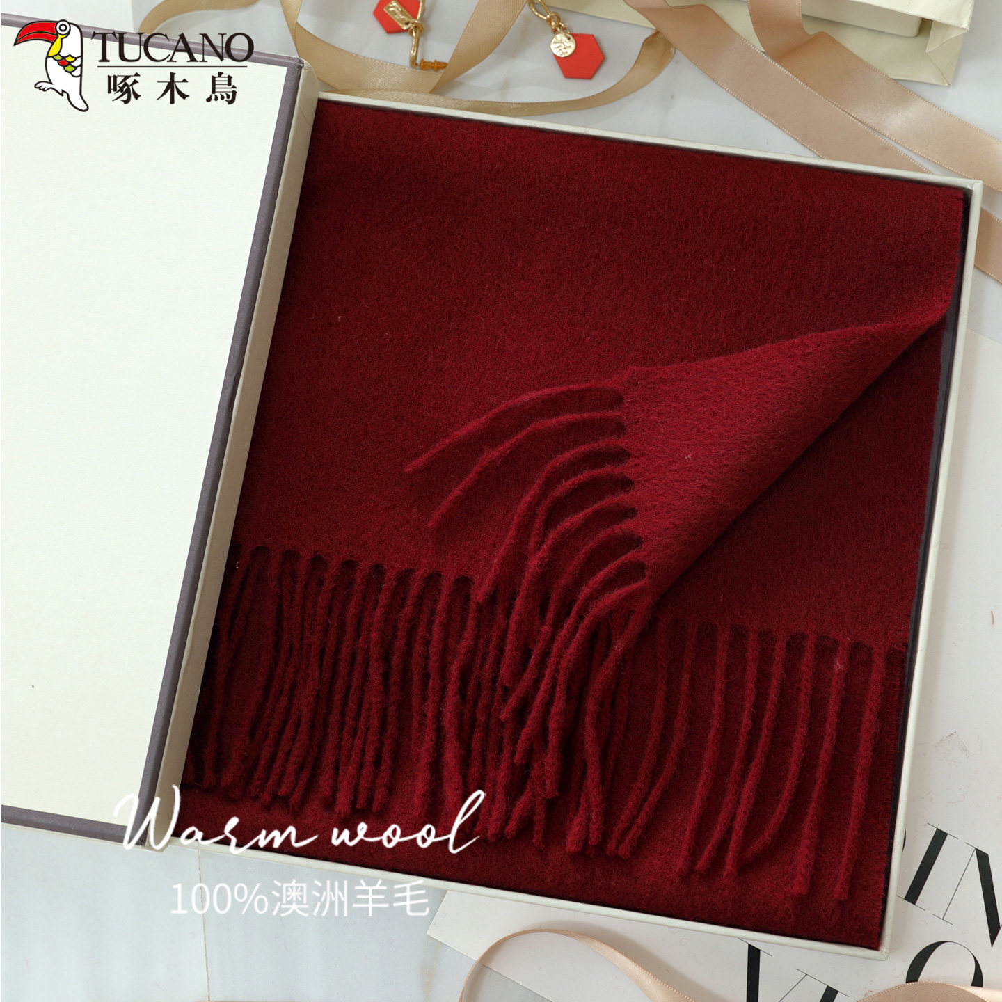 啄木鸟酒红色100%绵羊毛针织围巾女款保暖高级感红围脖2025新款冬