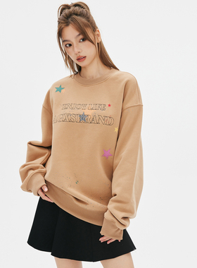 喜士潮社AGXS国潮牌美式星星泼墨印花宽松圆领加绒长袖卫衣男女