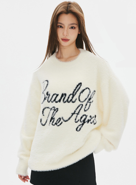 喜士潮社AGXS秋冬新款提花字母基础圆领仿貂毛针织衫情侣毛衣男女