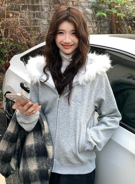 AGXS秋冬新款韩系毛绒内胆连帽加厚加绒拉链毛领休闲卫衣外套女