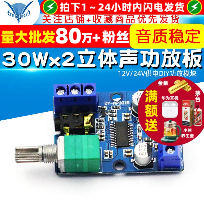 30Wx2大功率立体声数字功放板12V/24V供电DIY功放模块 DY-AP3015