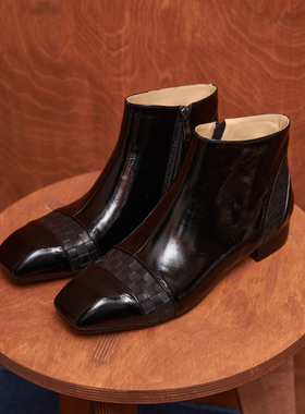 月曜事务所 原创设计手工制作 allblack编织拼皮设计感方头踝靴