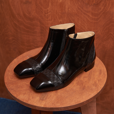 月曜事务所 原创设计手工制作 allblack编织拼皮设计感方头踝靴