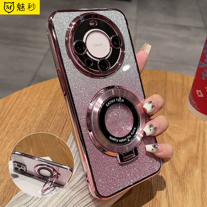 适用华为mate60手机壳新款闪粉带支架meta60pro硅胶保护套十电镀手机套轻薄时尚男女高档镜头全包防摔软外壳