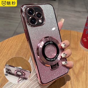 适用opporeno15c手机壳高级感闪粉带支架reno15c电镀透明硅胶保护套PMD110轻薄时尚潮牌男女新款全包防摔软壳