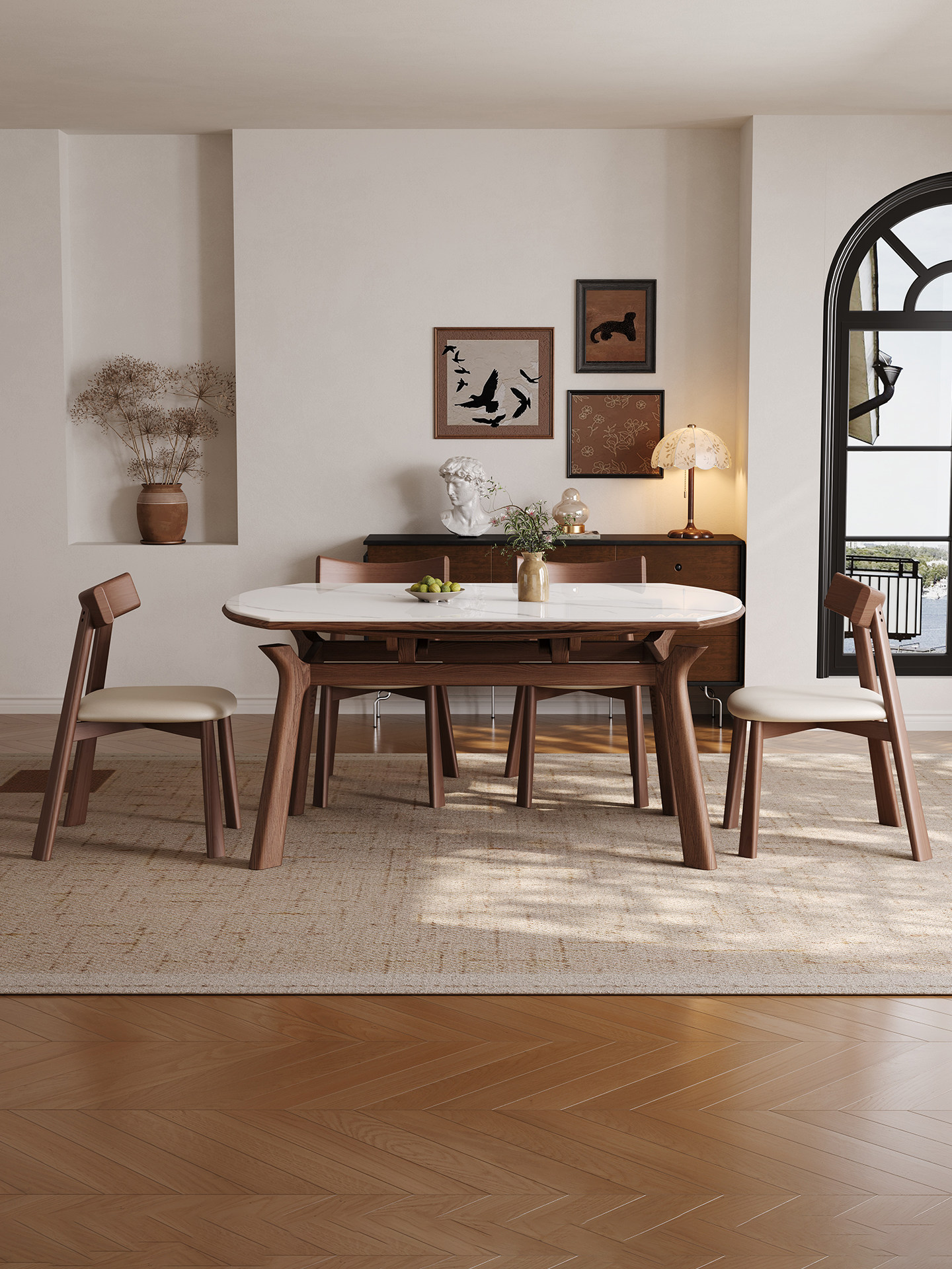 北欧风岩板实木餐桌椅组合家用现代简约小户型折叠伸缩圆桌饭桌,住宅家具,岩板餐桌,淘宝优惠券,粉丝福利购,淘宝优惠卷