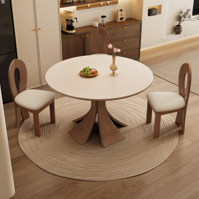 法式中古风圆形餐桌椅家用小户型圆餐桌轻奢高级感实木岩板小圆桌