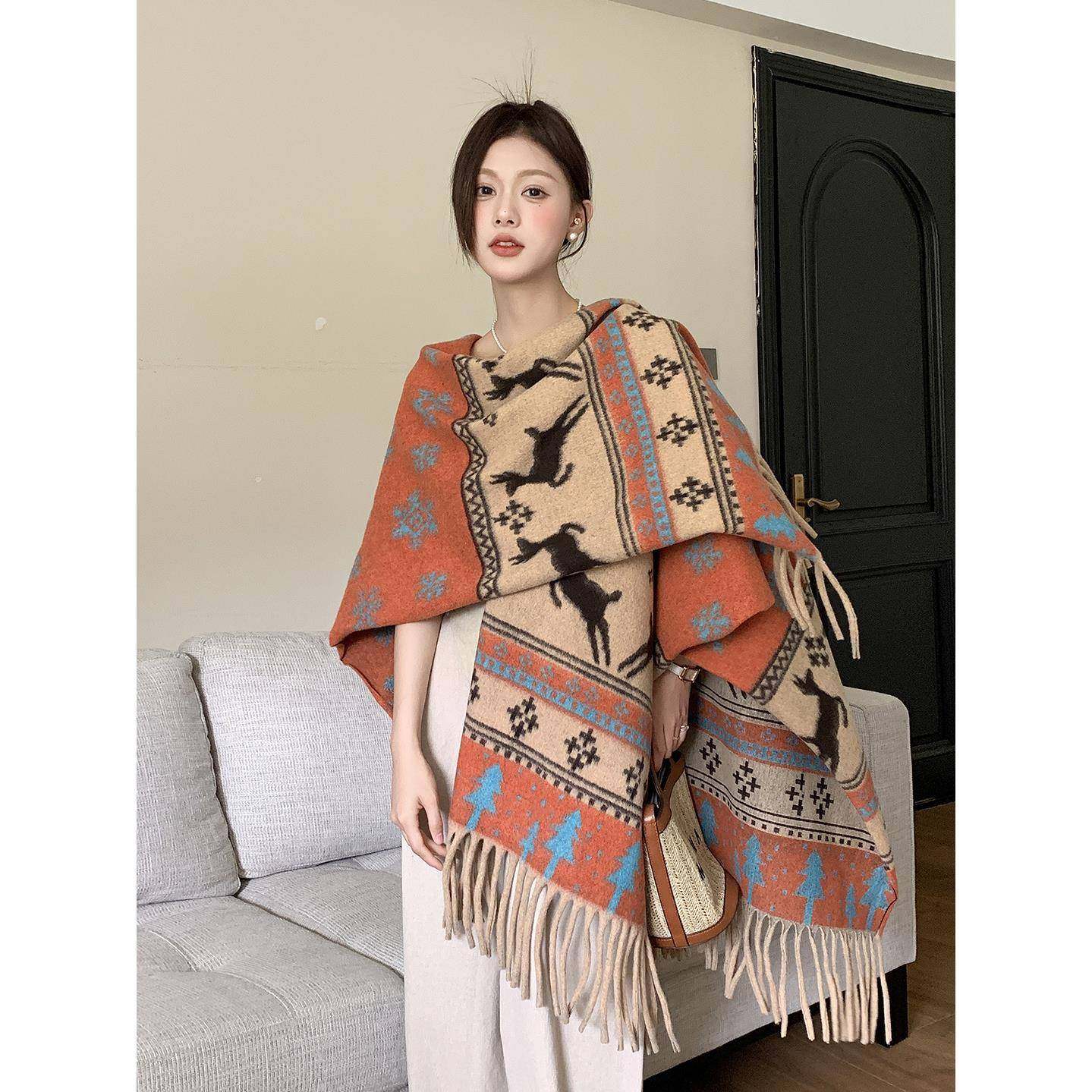 法国SANREID 小鹿彩色披肩旅游拍照大披风新款外搭保暖开叉围巾女,服饰配件/皮带/帽子/围巾,围巾/丝巾/披肩,淘宝优惠券,粉丝福利购,淘宝优惠卷