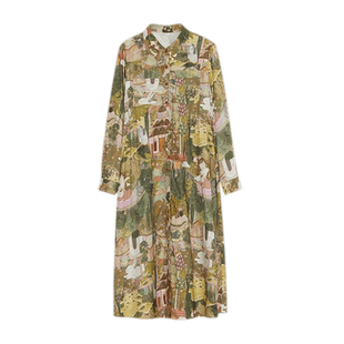 谜底花色连衣裙长袖女2023秋季新款复古印花A型宽松长裙233ML1001