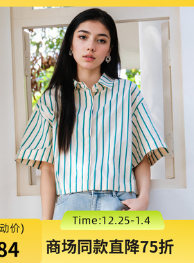 谜底条纹衬衫短袖女2025夏款复古文艺短款宽松百搭衬衣257MC7846