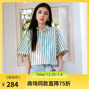 复古文艺短款 女2025夏款 宽松百搭衬衣257MC7846 短袖 谜底条纹衬衫