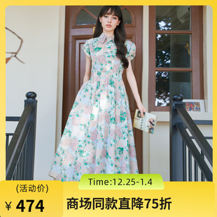 复古文艺花苞袖 新款 长裙子257ML7860 2025秋季 谜底花色连衣裙短袖