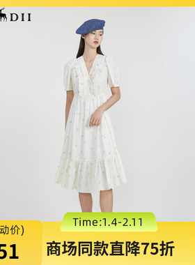 谜底V领提花中长款连衣裙2023春新款小清新荷叶边裙短袖231ML0134