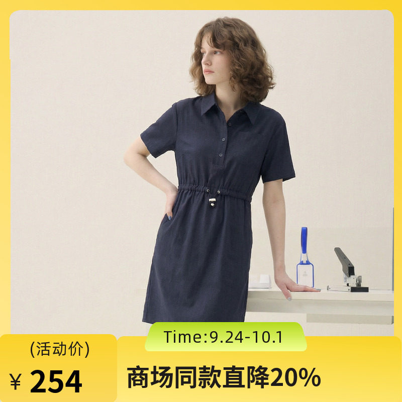 谜底连衣裙短袖2025夏季新款休闲百搭腰部抽绳深蓝短裙257ML7833图片
