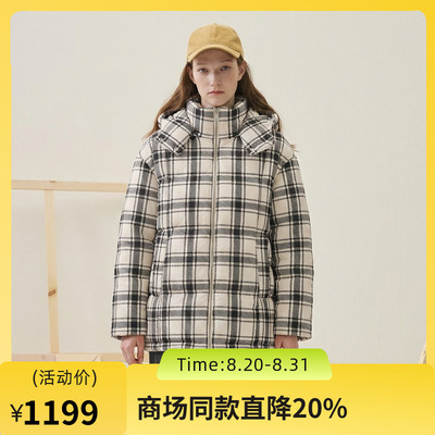 谜底连帽格子羽绒服女2025冬款复古宽松加厚鸭绒面包服257MY8802