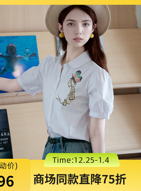 谜底白衬衫短袖女2025夏季新款百搭小翻领印花合体衬衣256MC6258