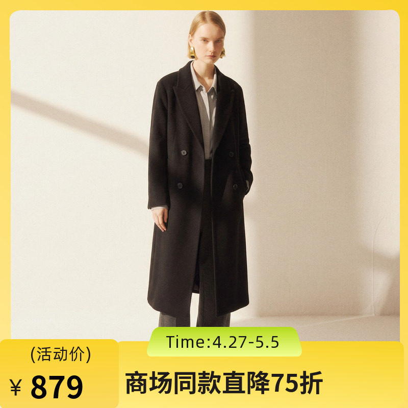 谜底呢子大衣女2025冬季新款通勤简约双排扣直筒羊毛呢258MD5501
