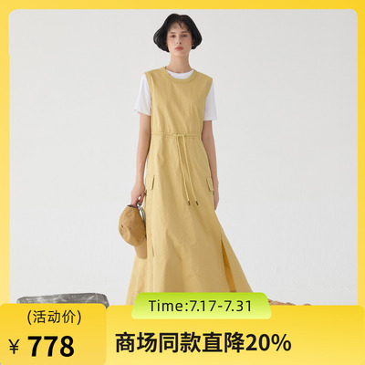 谜底连衣裙无袖女2025春款工装风圆领大口袋大摆裙长裙251ML0135