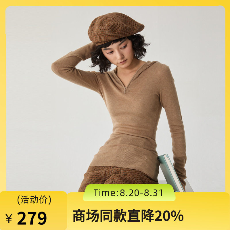 谜底连帽套头针织衫女2024冬款学院风亲肤细腻修身毛衣244MZ1895图片