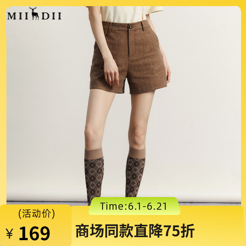 谜底羊毛呢短裤女士2023冬季新品复古百搭高腰呢子直筒234MK1484