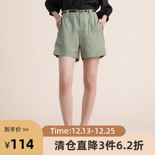 简约四分短裤,色织格纹面料拼接针织侧条