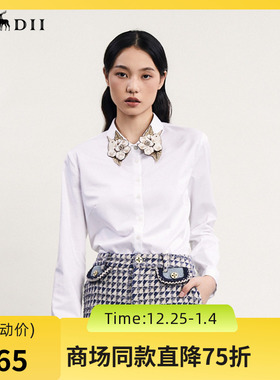 谜底白衬衫长袖女2024春季新款文艺风领口绣花修身衬衣241MC0059