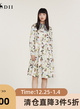 谜底2022冬季新款复古X型印花连衣裙时尚感领结设计长裙224ML1696