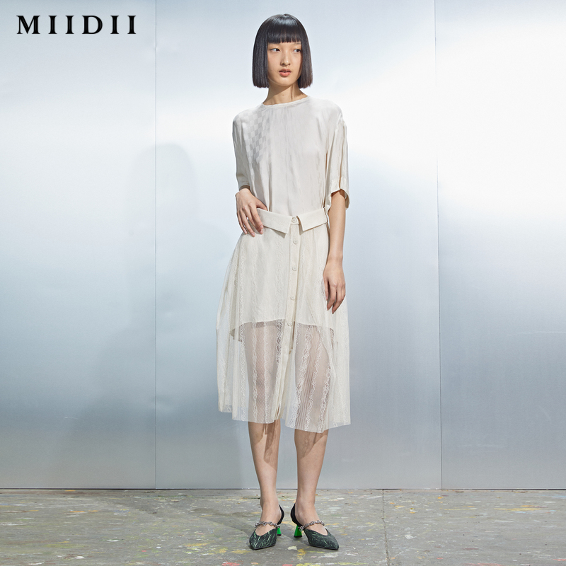 MIIDII/谜底连衣裙夏收腰落肩下摆蕾丝网纱裙212ML0737