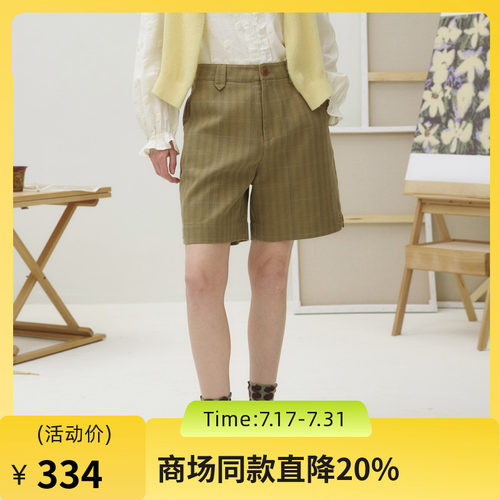 谜底短裤女2025秋季新品复古格纹棉质小A版型开叉直筒裤253MK1057