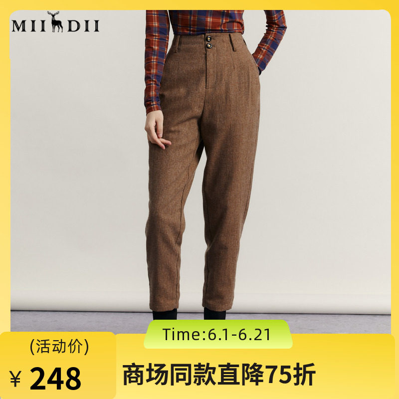 谜底毛呢萝卜裤女士2023冬季新品复古百搭保暖九分裤女234MK1529