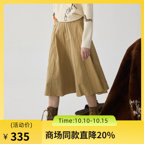 A字工装风百褶中长半裙，棉感面料挺括有型