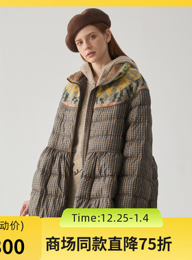谜底格纹羽绒服女2024冬新品复古立领花苞式鸭绒面包服244MY1657
