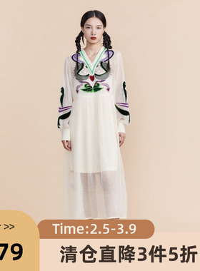 谜底2022春秋新款高订款晚礼裙复古V领两件套蕾丝连衣裙221GL0095