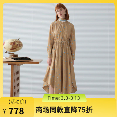 谜底波点印花连衣裙长袖2025春款造型感利落半高领长裙251ML0091