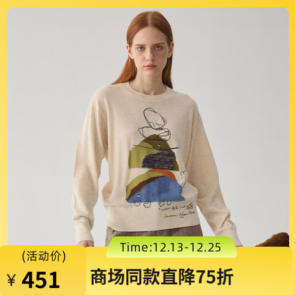 谜底圆领套头毛衣女2024冬款学院风趣味绣花宽松针织衫244MZ1897