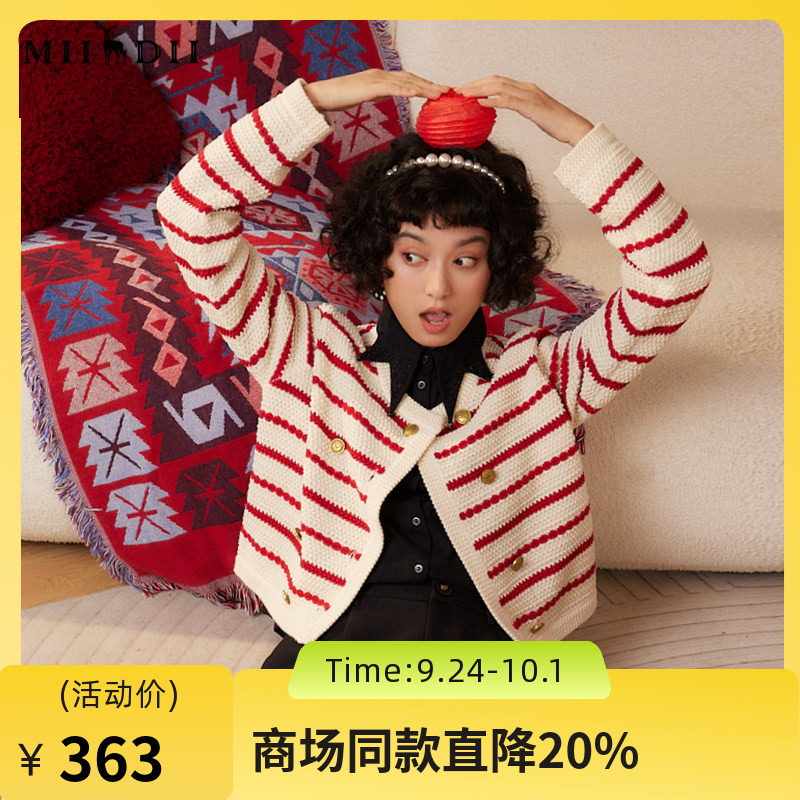 谜底双排扣圆领春季条纹针织衫图片