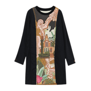 谜底连衣裙长袖女2023秋新款复古原创印花拼接感中长裙233ML1132