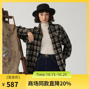 谜底黑白格子衬衫长袖女2024冬季新品宽松羊毛混纺衬衣244GC1484
