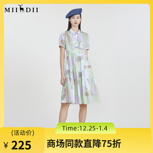 式 塔裙短袖 连衣裙2023春季 复古印花中长款 231ML0058 新款 谜底衬衫