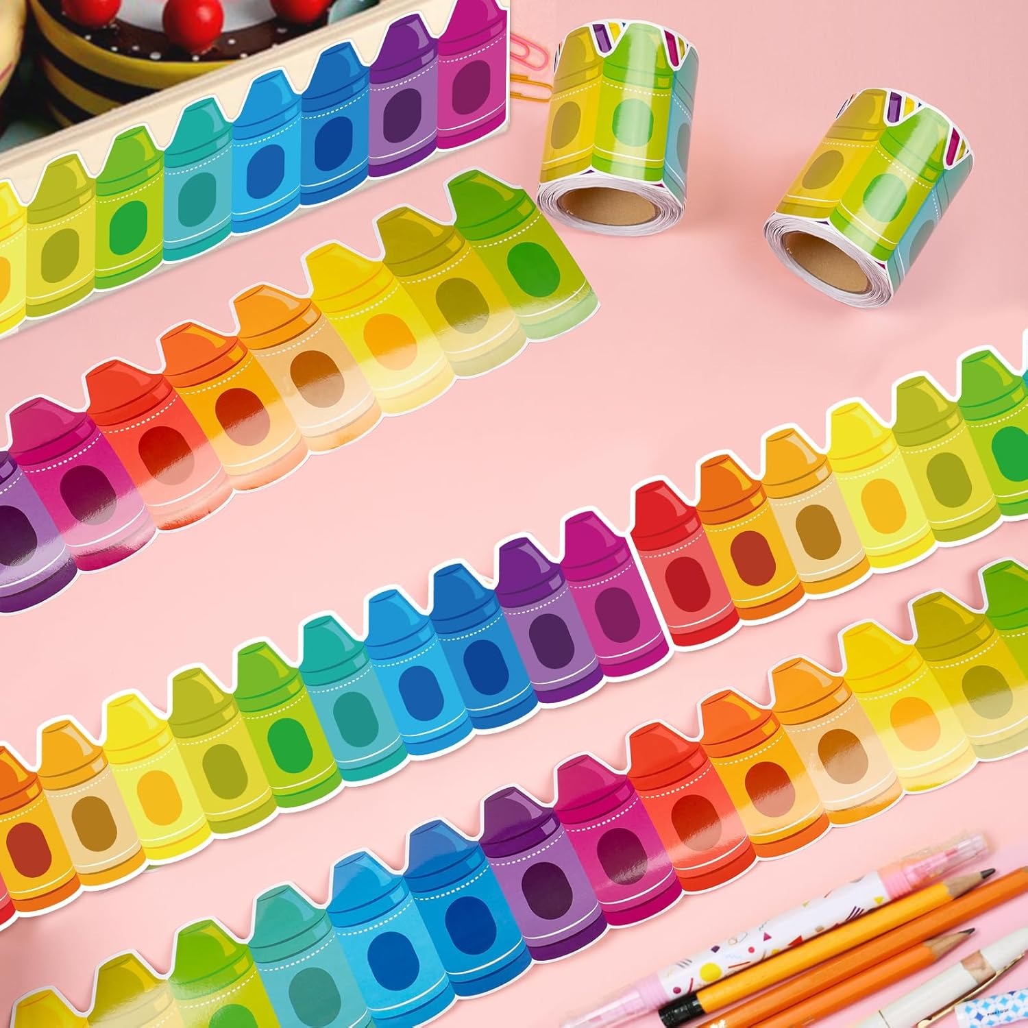 创意彩色蜡笔铅笔桌边窗户边框胶带贴纸教室活动布置造景装饰墙贴