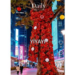 冬季巨型玫瑰花艺围巾树定制元旦风景区商业街大树围脖美陈装饰布