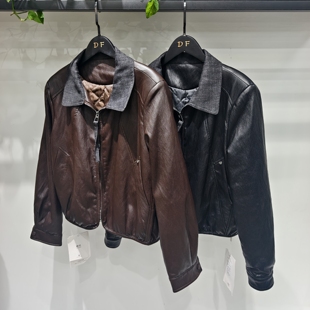 欧货高端小个子短款POLO领皮衣女2025秋季新款气质机车蛋白皮外套