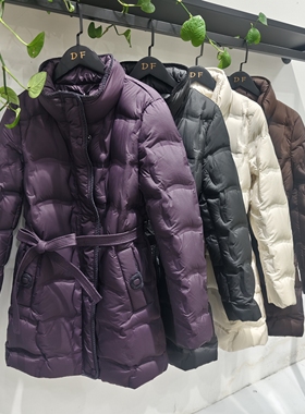 2025冬季新款收腰羽绒服女中长款连帽系带显瘦加厚保暖白鸭绒外套