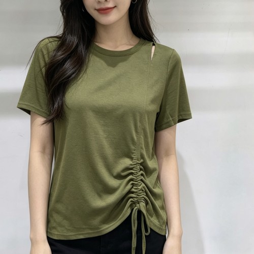 高端欧货夏季新款时尚圆领露锁骨设计收腰抽褶飘带短袖T恤女上衣