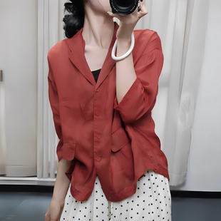 襯衫 2025夏季 新款 女紅色寬松100%苧麻長袖 型上衣 簡約風防曬寬松版