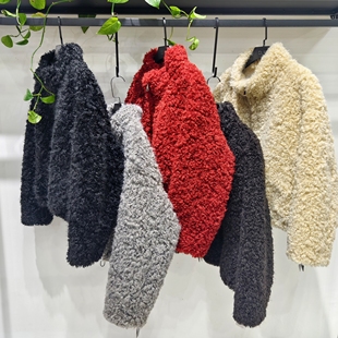 韩系风立领卷毛皮草外套女米白色短款百搭显瘦毛绒外套小个子