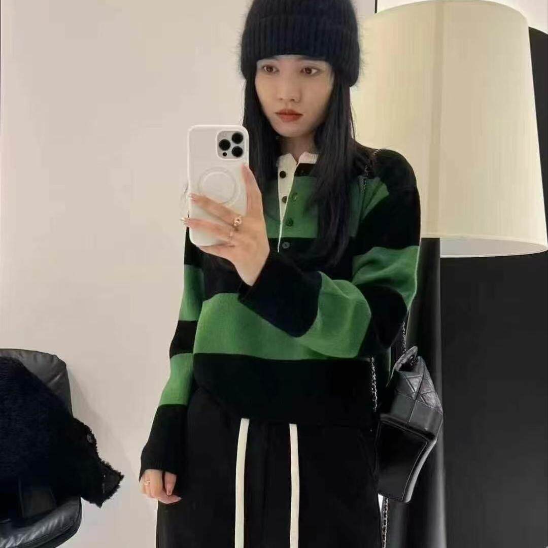 2024欧货正品现货全羊毛100%圆领长袖条纹宽松百搭针织羊毛衫上衣